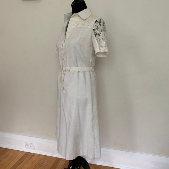 Vintage 70s linen and lace day dress sz S - Picture 2 of 6